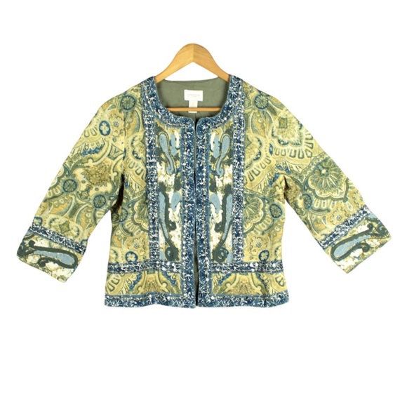 Chico's Jackets & Blazers - Chico's Women blazer Jacket embellished tan blue open lined Size 0 Beaded Boho